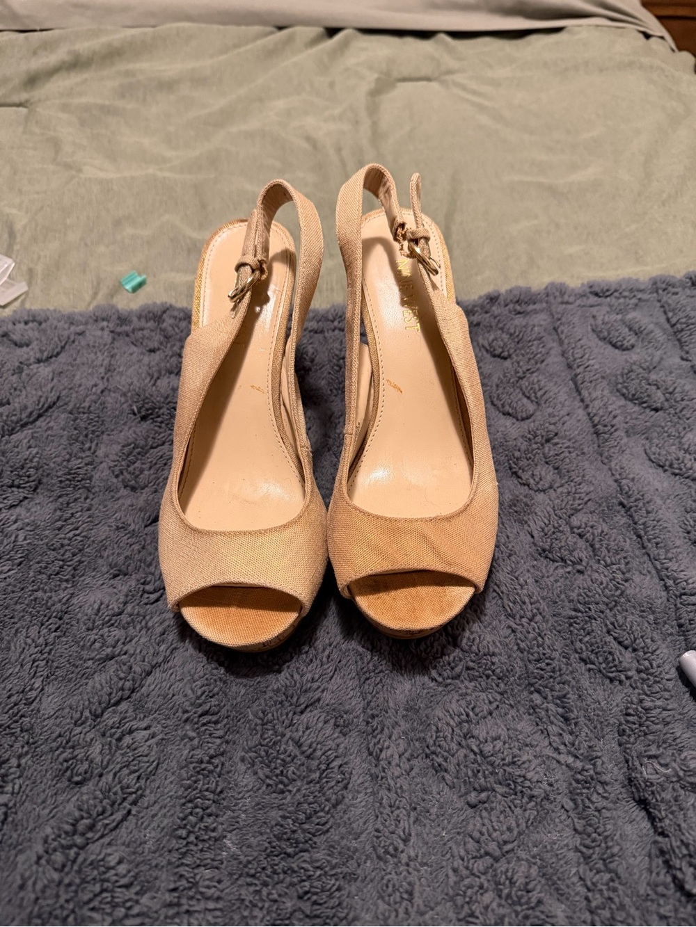 Nine West Tan Peep-Toe Slingback Wedge Heels